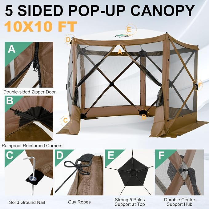 COBIZI 10x10 FT Pop up Gazebo, Popup Canopy Tent, Screened in Gazebos, Waterproof Portable Outdoor Small Screen Tents Sun Shelter,carpas para Patio for Camping, Garden and Backyard,Brown