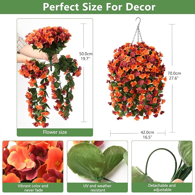 INQCMY Fake Flowers with Hanging Basket Realistic Artificial Begonias | Faux Plants in Planters UV Resistant for Outdoors Fall Decor, Silk Trailing Flower for Outside Windowsill Porch Patio Yard