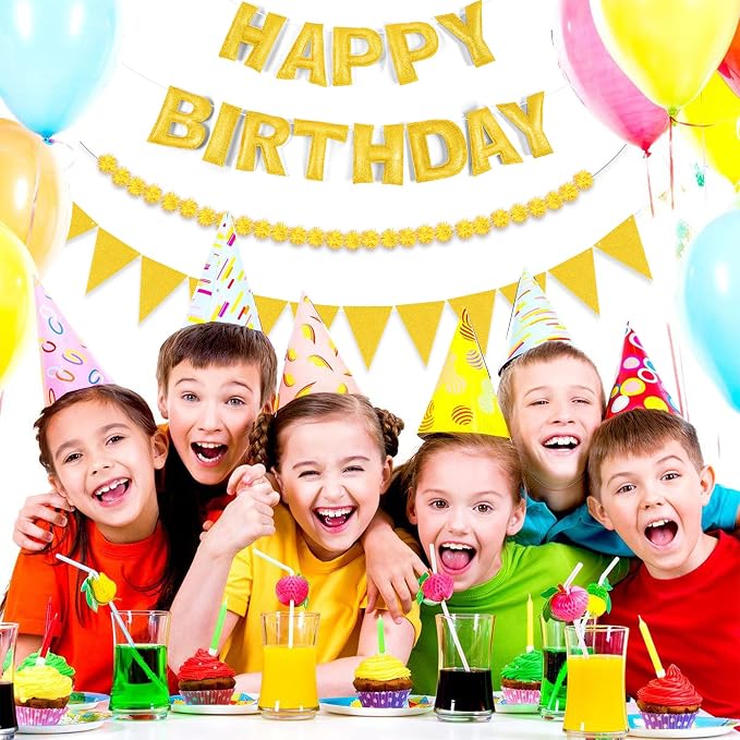 CANREVEL Pre-Strung 3D Happy Birthday Banner, 3 PCS Happy Birthday Garland Felt, Pom Pom Garland, Triangle Fabric Garland Bunting, Reusable Birthday Decorations for Women Men Girls Boys, Gold
