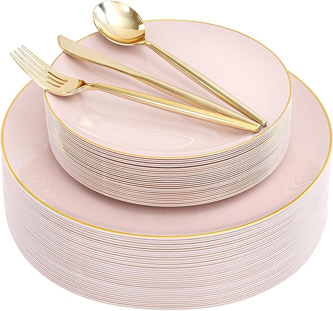 I00000 150 PCS Pink Plastic Plates for Party,Heavy Duty Pink Disposable Plates,Gold Dinnerware Set Include 30 Dinner Plates,30 Dessert Plates,30 Gold Plastic Silverware Set for Mother's Day