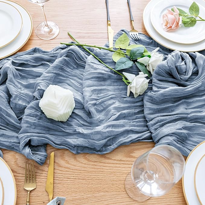 Wokceer Dusty Blue Cheesecloth Table Runner Spring 2Pack 10FT Boho Gauze Easter Cheese Cloth Table Runner for Party Long Rustic Sheer Runners for Baby Bridal Shower Wedding