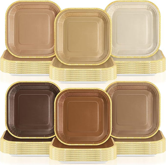 120 Pcs Brown Paper Plates 7 Inch Gradient Disposable Square Dessert Party Plates with Gold Edge for Birthday Wedding Bridal Baby Shower Party Supplies, 6 Colors