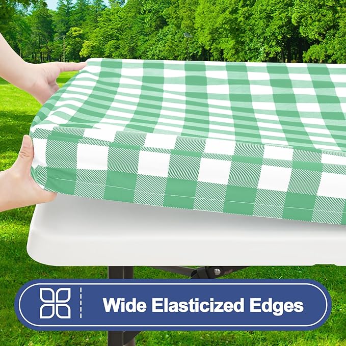 Smiry Picnic Table Cloth 4 Pack, Waterproof Elastic Fitted Tablecloths for 6FT Rectangle Tables, Washable Polyester Buffalo Plaid Tablecloth for Camping& Outdoor (Sage Green & White, 30" x 72")