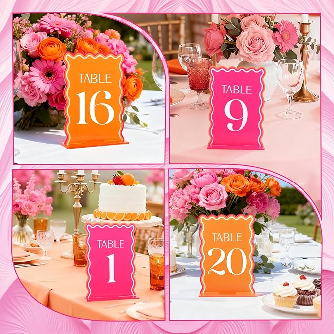 Wedding Acrylic Table Number 1-20 with 20Pcs Stands Pink & Orange, 5"x7" Elegant Place Card Centerpiece Decorations for Indoor Outdoor Wedding Bridal Shower Anniversary Party Reception