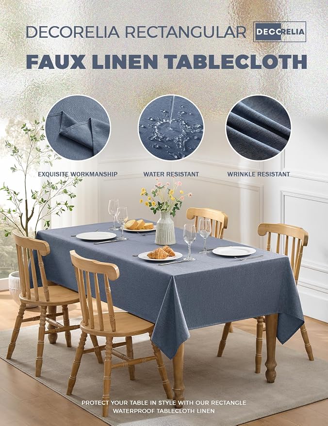 Decorelia Faux Linen Farmhouse Table Cloth 60"x84" for Rectangle Table, Denim Blue Waterproof Outdoor Washable Cloth Tablecloth for Rectangular Dining Room Kitchen Outdoor Party Restaurant Decor