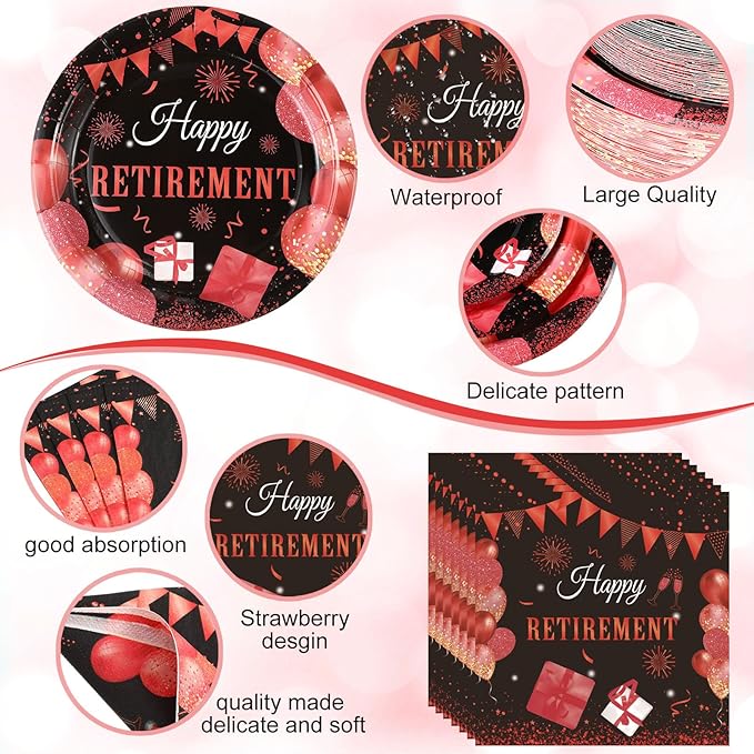 Funnymoom 452 Pcs Retirement Party Decorations Supplies Set Include Red Black Retirement Paper Plates Napkins Cups Tablecloth Cutlery Straws for Men Women Say Goodbye Party