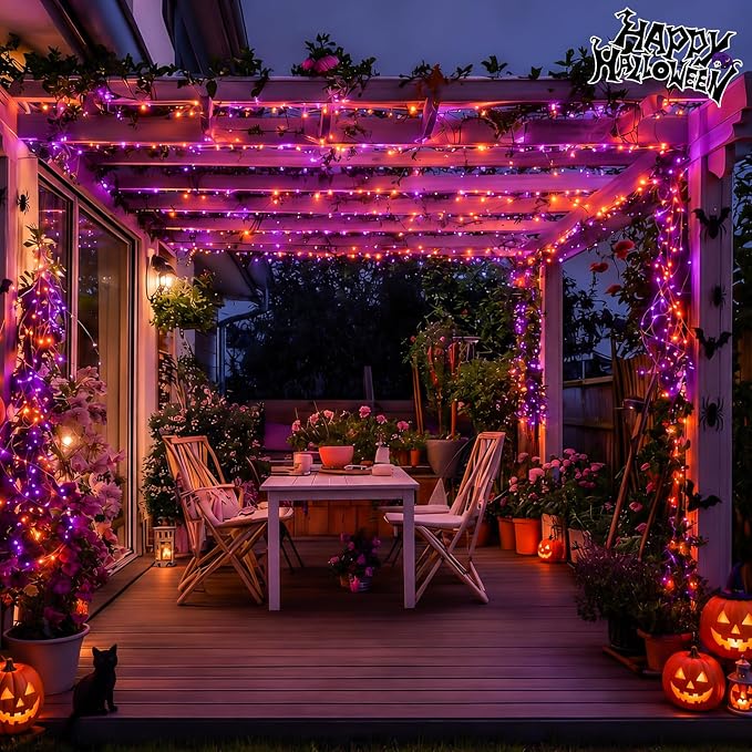 QITONG 4 Pack Solar Halloween Lights, Each 33ft 100 LED Orange and Purple Fairy Lights Outdoor Waterproof, 8 Modes Copper Wire Solar String Lights