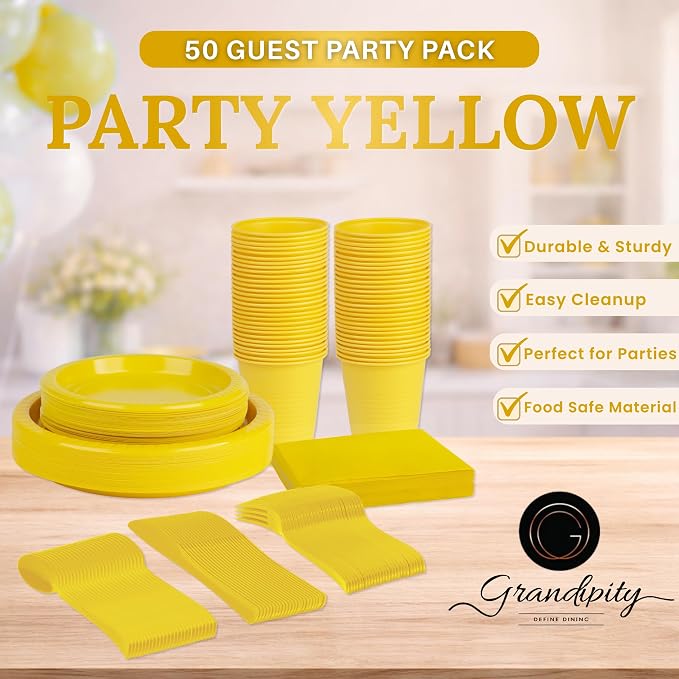Grandipity 350 Piece Yellow Disposable Dinnerware Set, Includes 50 of Each: 9" Dinner Plates, 7" Dessert Plates, 12oz Cups, Paper Napkins, Forks, Knives & Spoons