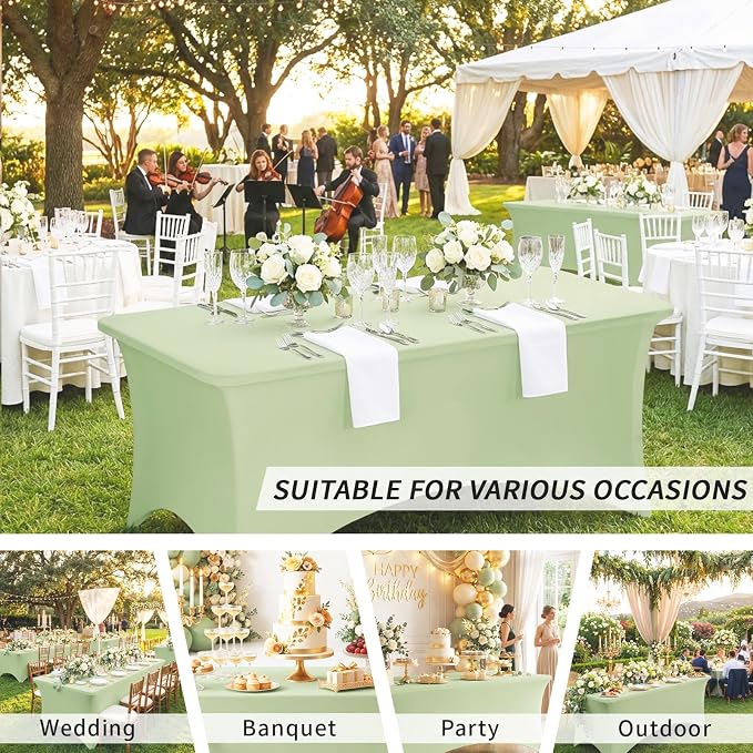 Fixwal Sage Green Stretch Table Cloth Rectangle 2 Pack 6Ft, Spandex Fitted Table Covers Washable for Party, Trade Show, Banquet, Wedding, Buffet
