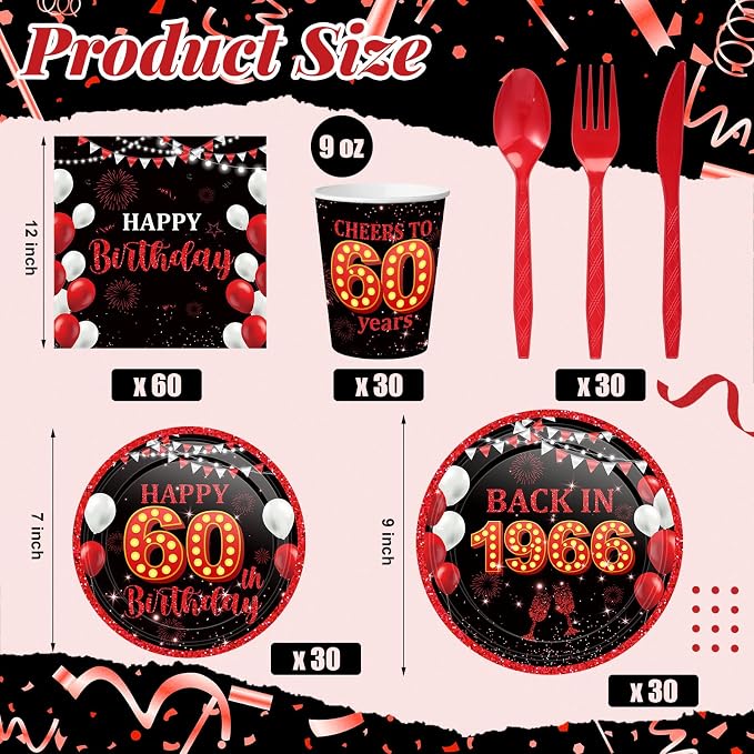 240 Pcs 60th Birthday Decorations 1966 Birthday Party Tableware Include Plates Napkins 9oz Cups Cutlery 60th Anniversary Party Supplies for Men Women Him Her, Serve 30 Guests (Black Red)