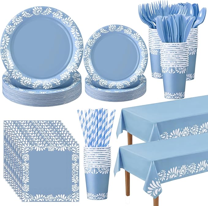 Vesici 452 Pcs Blue Cielito Lindo Party Decoration Platos De Barro Mexicanos Fiesta Paper Plates Mexican Napkins Tablecloth Talavera Tableware Set Cinco De Mayo Baby Shower Wedding Supplies, Serve 50