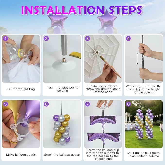 YALLOVE Balloon Column Stand Kit, Sets of 2 Telescoping Balloon Stand, Height Adjustable Balloon Tower Pillar with Reusable Metal Telescopic Design for Party Decoration