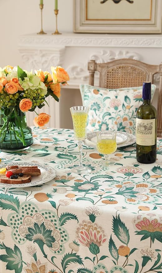 patdrea Vintage French Linen Tablecloth,Rectangular,87"x63"-Tree Life | Elegant Colorful Table Cloth for Rectangle Table,Green Floral Patterned,for Dining Room Tea Party Thanksgiving,Durable
