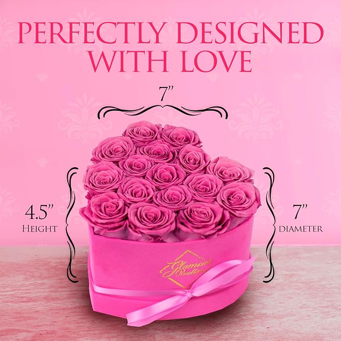 GLAMOUR BOUTIQUE 16 Flower Forever Heart Shape Box, Mothers Day Gift For Mom, Eternal Preserved Roses Gift for Her, Flowers bouquet, For Birthday, Anniversary, Girlfriend - Velvet Pink (Color-Treated)