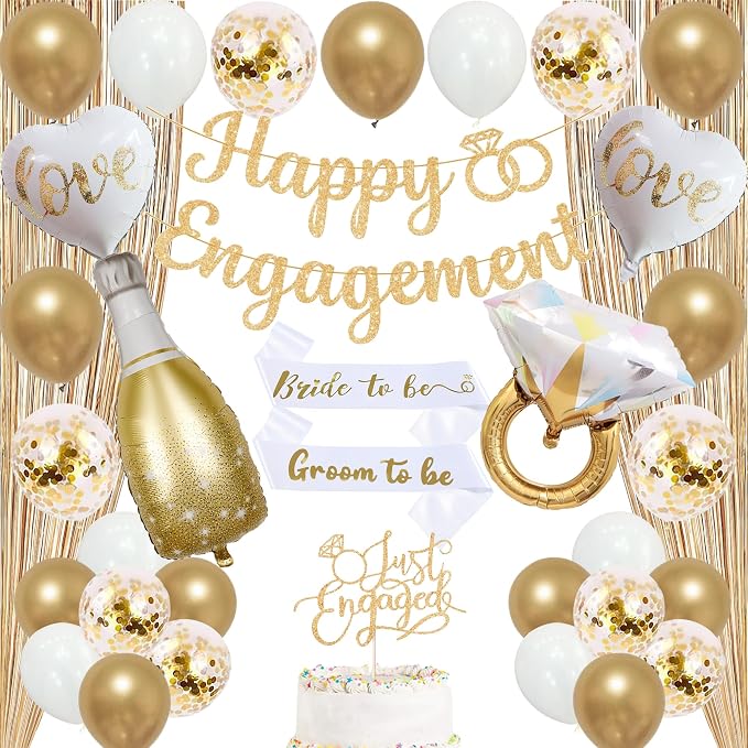 Trgowaul Champagne Gold Engagement Party Decorations, Happy Engagement Banner Backdrop, Bride&Groom Sash for Bridal Shower, Ring Foil Balloon, Just Engaged Cake Topper Wedding Shower Decor