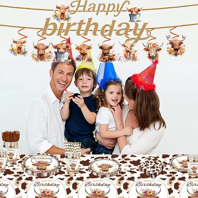 159pcs Brown Cow Birthday Decorations Include Tableware Set, Banner, Hanging, Tablecloth, Cupcake Topper, Centerpiece, for Western Farm Animals Kids Birthday Baby Shower, Serves 20
