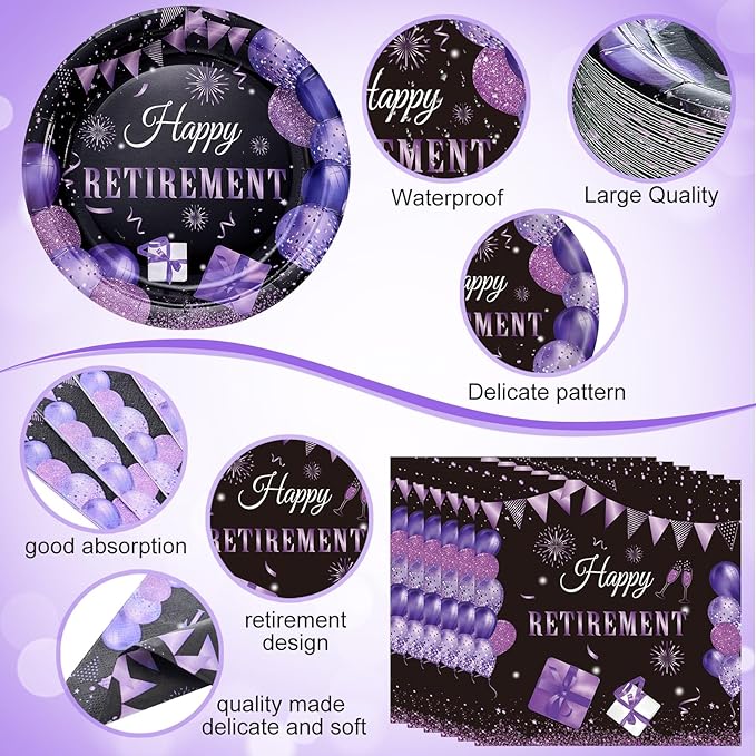 Funnymoom 452 Pcs Retirement Party Decorations Supplies Set Include Purple and Black Retirement Paper Plates Napkins Cups Tablecloth Cutlery Straws for Men Women Say Goodbye Party