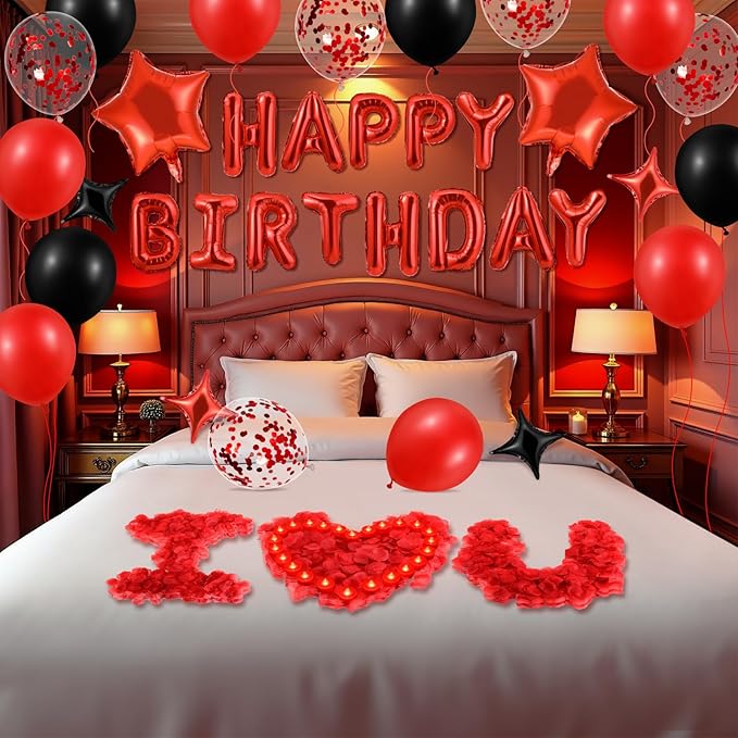 Red Happy Birthday Balloons Decorations Red and Black Birthday Balloon Letters Banner with 6 Pcs Star Balloons 1000 Artificial Rose Petals 24 Flameless LED Candles for Birthday Party Supplies Decor