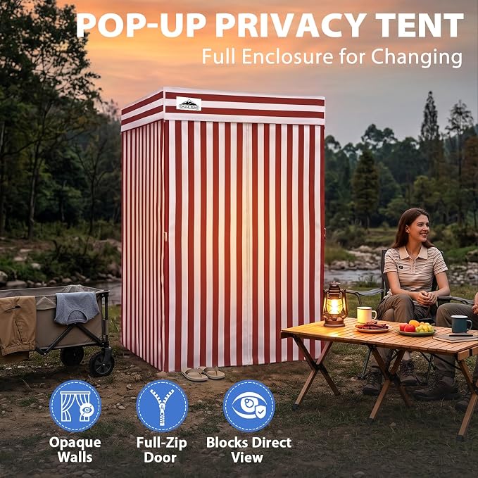 EAGLE PEAK 4x4 Pop Up Changing Tent, Flat Top Changing Room, White/Red | Portable, Privacy Tent, Pool Cabana, Dressing Room, Shower & Toilet Use, Opaque Fabric, Instant Setup, Photoshoots, Camping