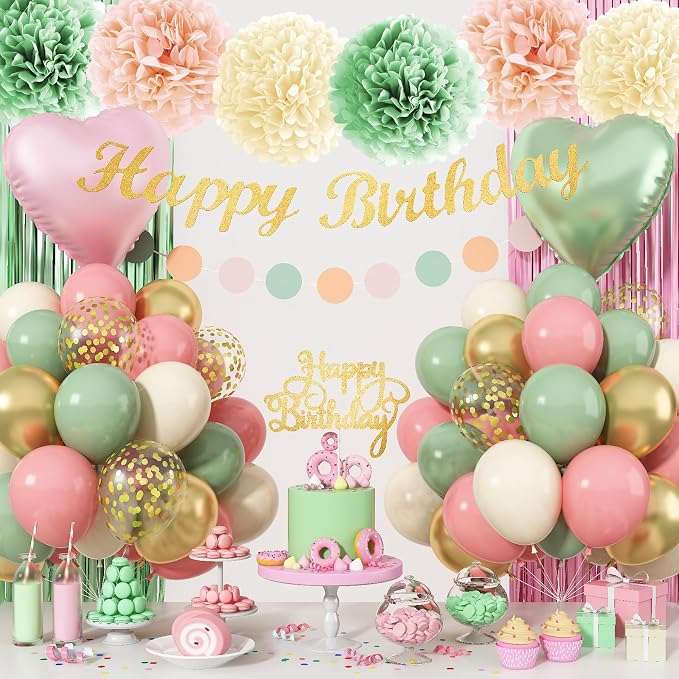 Jobkoo Sage Green Pink Birthday Decorations, Blush Pink Olive Green Gold Sand White Latex Confetti Balloons Boho Happy Birthday Banner Fringe Curtain Pompom for Women Girls Woodland Fairy Party Decor