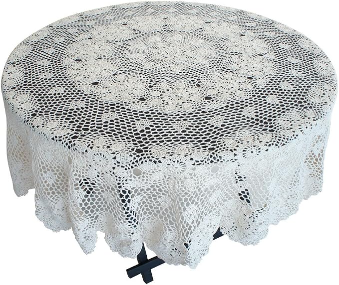 USTIDE Handmade Crochet Tablecloth Round Beige 48-inch Cotton Lace Table Overlay for Coffee, TV, Bedside, Sofa