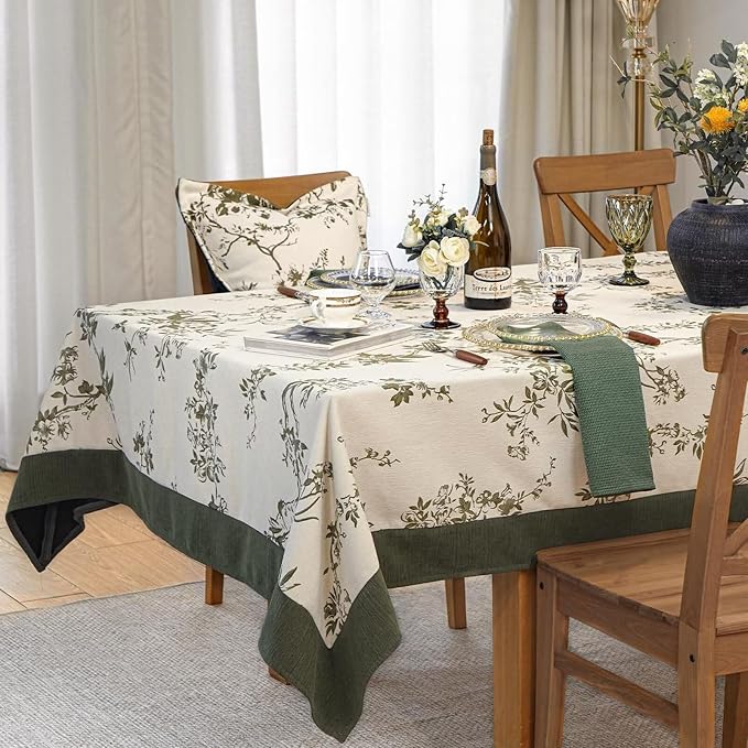 Jacquard Rectangle Tablecloth, Wrinkle Free Green Table Cloth, French Vintage Green Floral Tablecloths, Country Farmhouse Table Cover for Dining, Kitchen, Wedding - 60''x84''