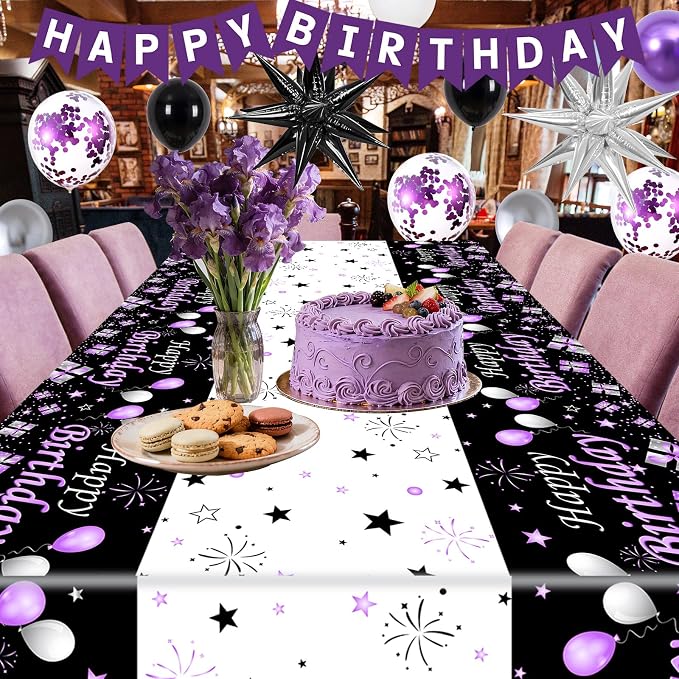 Purple and Black Birthday Decorations for Women Men, Happy Birthday Decorations for Girls Boys Purple Bday Party Decorations Banner, Balloons, Tablecloth Foil Backdrop Star Balloons Bday Party Decor