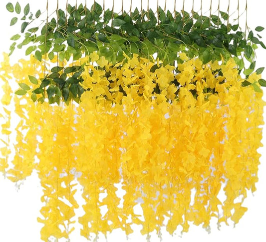 Fermus 24 Pack 3.6 Feet Artificial Wisteria Hanging Flowers Garland Fake Wisteria Vine for Garden Floral Wedding Decor (Yellow)