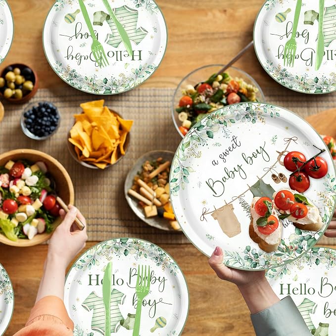 140PCS Greenery Baby Boy Shower Decorations Tableware Set, Boho Greency Party Decorations Tableware Set Dessert Plates Napkins Forks for 20 Guests