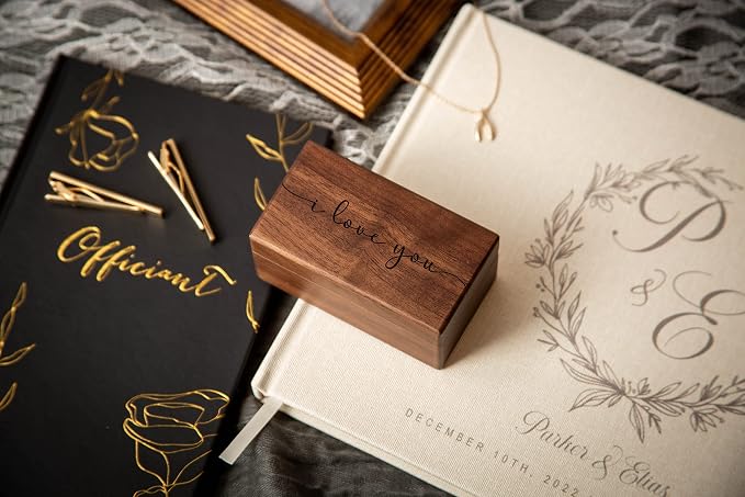 MUUJEE Quad Wooden Ring Box for Wedding Ceremony - Engraved Ring Holder Box for Engagement Proposal Anniversary and Valentines Day Gift for Him or Her (I Love You)