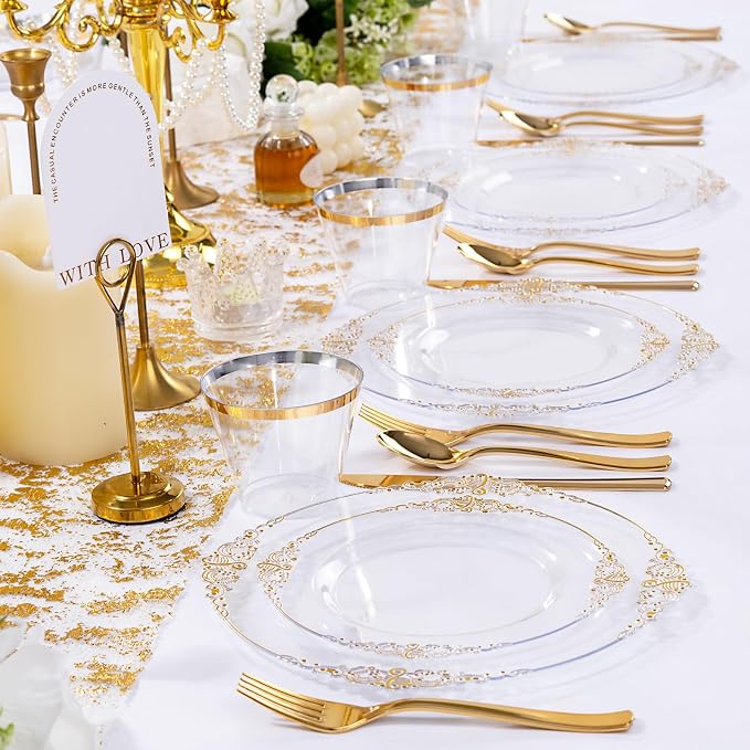Nervure 600PCS Gold Plastic Dinnerware - Clear and Gold Disposable Plates for 100 Guests - 200 Disposable Plates, 300 Plastic Silverware, 100 Cups for Wedding & Party
