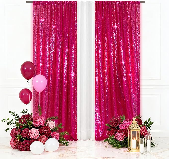 Eternal Beauty Sequin Backdrop Curtains, 2x8 Ft-2 Panels Hot Pink Back Drop for Mother's Day Shimmer Photography Party Wedding Birthday Decor