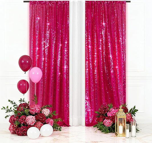 Eternal Beauty Sequin Backdrop Curtains, 2x8 Ft-2 Panels Hot Pink Back Drop for Mother's Day Shimmer Photography Party Wedding Birthday Decor
