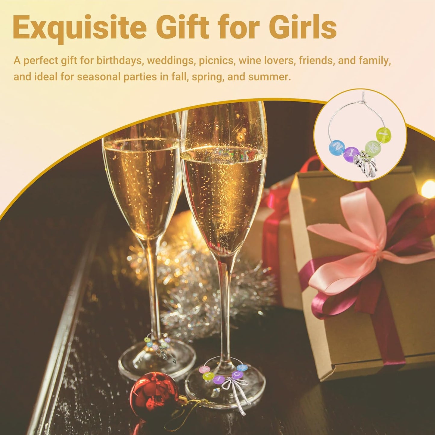 50 Sets Wine Glass Charms, Wine Charms for Stem Glasses, DIY Reusable Drink Markers for Weddings & Bachelorette with Alphabet Beads