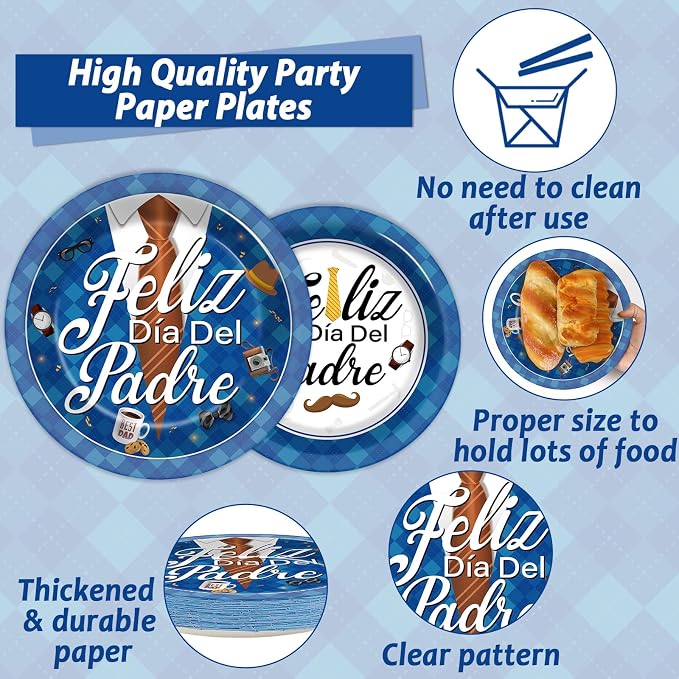 96Pcs Dia Del Padre Party Supplies Decoracion, Happy Fathers Day Paper Plates and Napkins, Feliz Día Del Padre Tableware Disposable Dessert Dinnerware for Dad's Day Celebration for 24 Guests