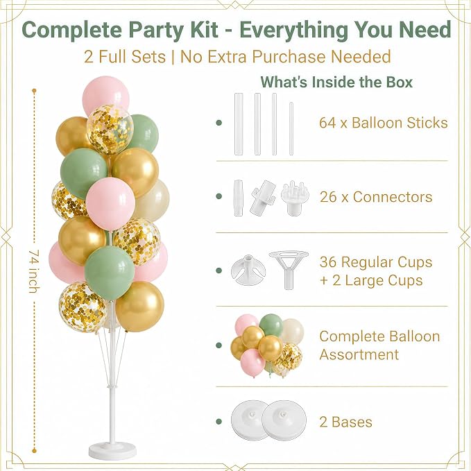 Hiins Balloon Column Kit Set of 2 With Balloons Included - with Base, and Pole,Balloon Tower Backdrop Decoration for Wedding, Baby Shower, Birthday Party, or Bachelorette Parties (Sage Green Gold)