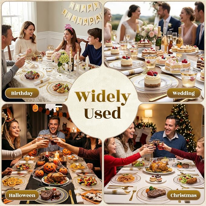 175pcs Plastic Dinnerware Set Clear & Gold | Disposable Plastic Plates for 25 Guests Include 50 Plastic Plates,25 Cups & 25 Pre Rolled Napkins with Cutlery Set for Party