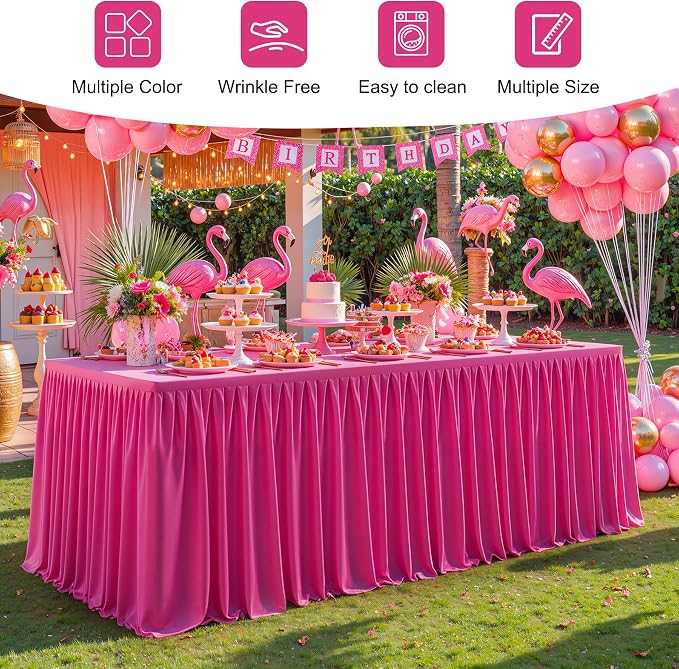 2 Packs Hot Pink Tableclothes for 4 Foot Rectangle Tables, Wrinkle Free Fitted Table Cloth 4ft Stretch Table Cover with Skirt for Parties Weddings Birthday Banquet Baby Shower