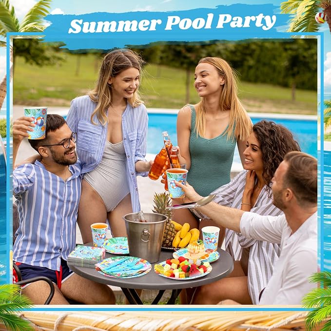 Funnymoom 400 Pcs Pool Party Supplies for 50 Guests Summer Pool Disposable Plates Napkins Cups Spoons Forks Knives for Birthday, Baby Shower, Beach, Summer Themed Party Decorations