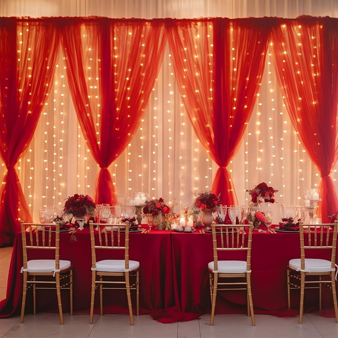 30x10ft Red Tulle Backdrop Curtain with Lights String for Parites, Sheer Backdrop Curtains for Wedding Baby Shower Birthday Party Photo Shoot Decorations