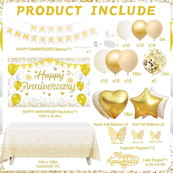 Happy Anniversary Decorations, 89pcs Wedding & Work Anniversary Party Decorations for Women Men, 50th 60th 30th 20th, Backdrop, Banner, Tablecloth, Foil & Latex Balloons, Cake Topper