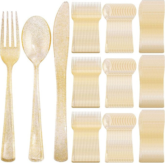 Supernal 300pcs Gold Glitter Plastic Silverware Set-Heavy Duty Disposable Gold Cutlery for Weddings, Parties Include 100 Forks, 100 Spoons & 100 Knives-Glitter Plastic Utensils for 100 Guests