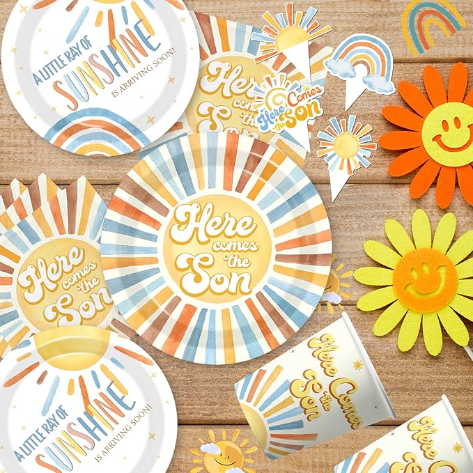 Here Comes the Son Baby Shower Decor for Boy, All-in-1 Boho Retro Sunshine Baby Shower Decorations with Balloon Arch Baby Boxes Rainbow Plates Napkins Cake Topper Tablecloth Backdrop It’s A Boy Decor