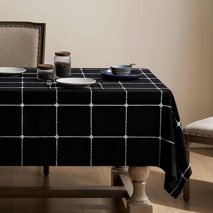 ZeeMart Grid Embroidered Hemmed Tablecloths, Black 60x60 Inch, Farmhouse Style Heavy Weight Cotton Linen Black Tablecloths, Boho Plaid Water Resistant Square Table Cloth