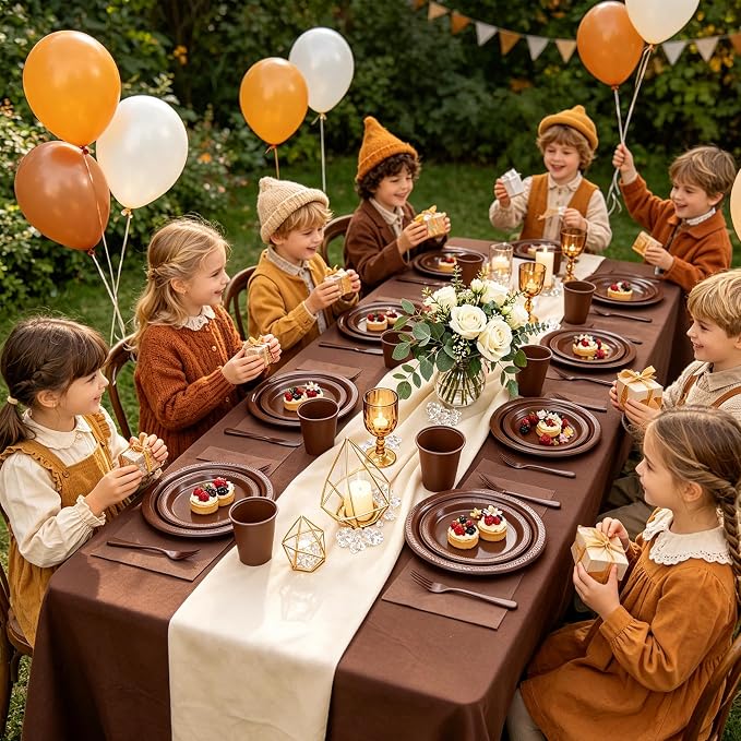 Brown Plastic Plates for Party,30 Guest Disposable Brown Party Supplies Including Dinner&Dessert Plate,12oz Cups,Cutlery,Napkins & Tablecloth Dinnerware Decorations for Birthday Wedding