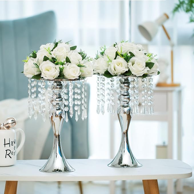 10 Pcs Silver Vases for Centerpieces, 13.8in Crystal Flower Arrangement Stand, Wedding Centerpieces for Tables, Tall Metal Flower Vase Holders for Wedding, Event, Reception, Birthday, Home Decor | High End Crystal Design Vase Stand for Wedding Party Re...
