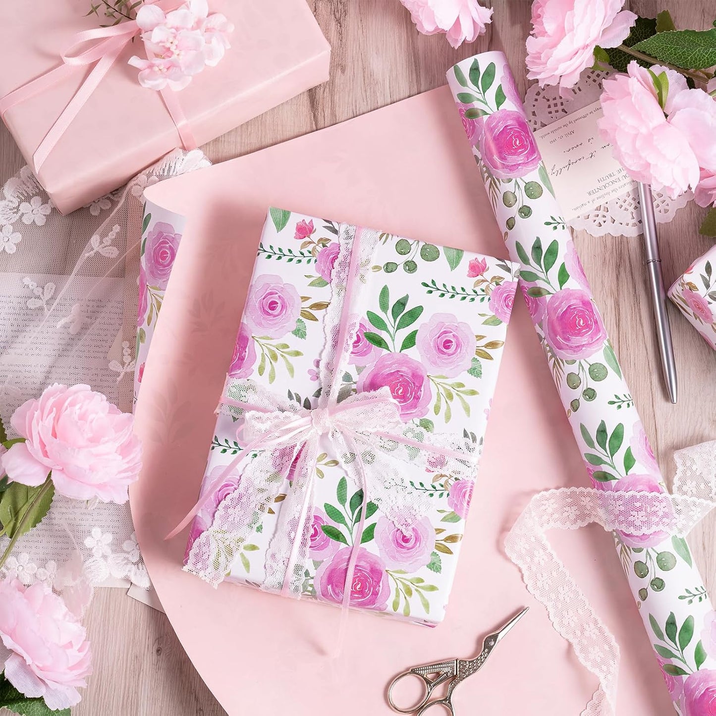 RUSPEPA Reversible Floral Wrapping Paper Roll, Mini Roll, Pink Rose Blossom Design and Pink Solid Color, Elegant Gift Wrap for Birthday, Wedding, Mother's Day, Bridal Shower, 17 Inches x 16.4 Feet