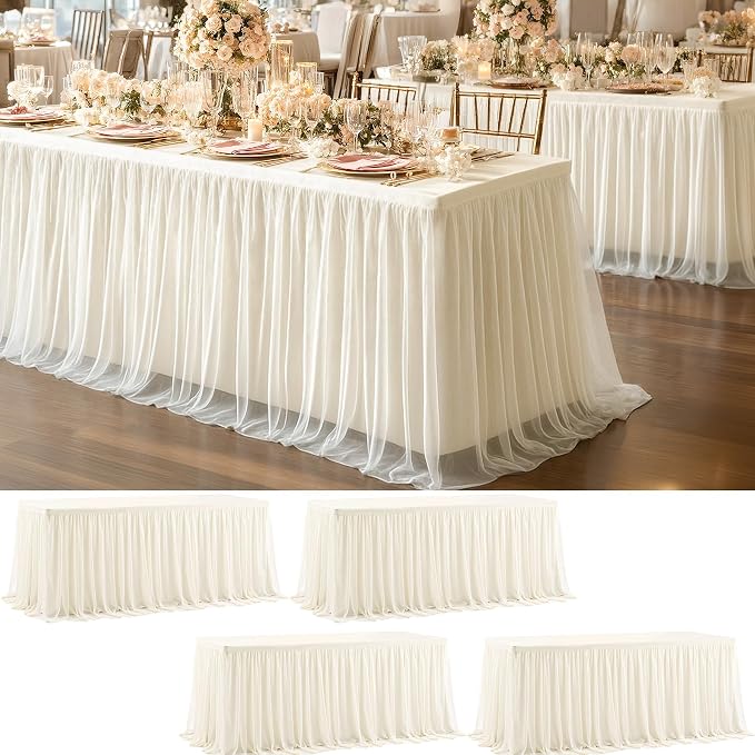 4 Pack Ivory Tablecloths for 6 Foot Rectangle Tables with Tulle Table Skirt Wedding Table Cover Stretchy Fitted Ruffle Tutu Tablecloth for Baby Shower Reception Birthday Parties Celebration Banquet