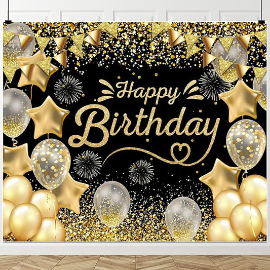 Black Gold Happy Birthday Backdrop 10x8ft for Men Women Boys Girls Birthday Party Banner Decorations with Glitter Star Photo Background Large Wall Decor Props