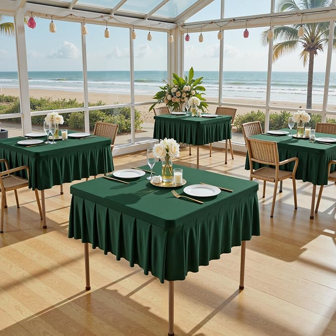Wish Care Hunter Green Spandex Tablecloths for 54x54 Inch Square Tables, Stretch Fitted Table Clothes with Pleated Ruffle Skirt for 54” Table, Wrinkle Free and Elastic, for Party Kitchen Home Dining